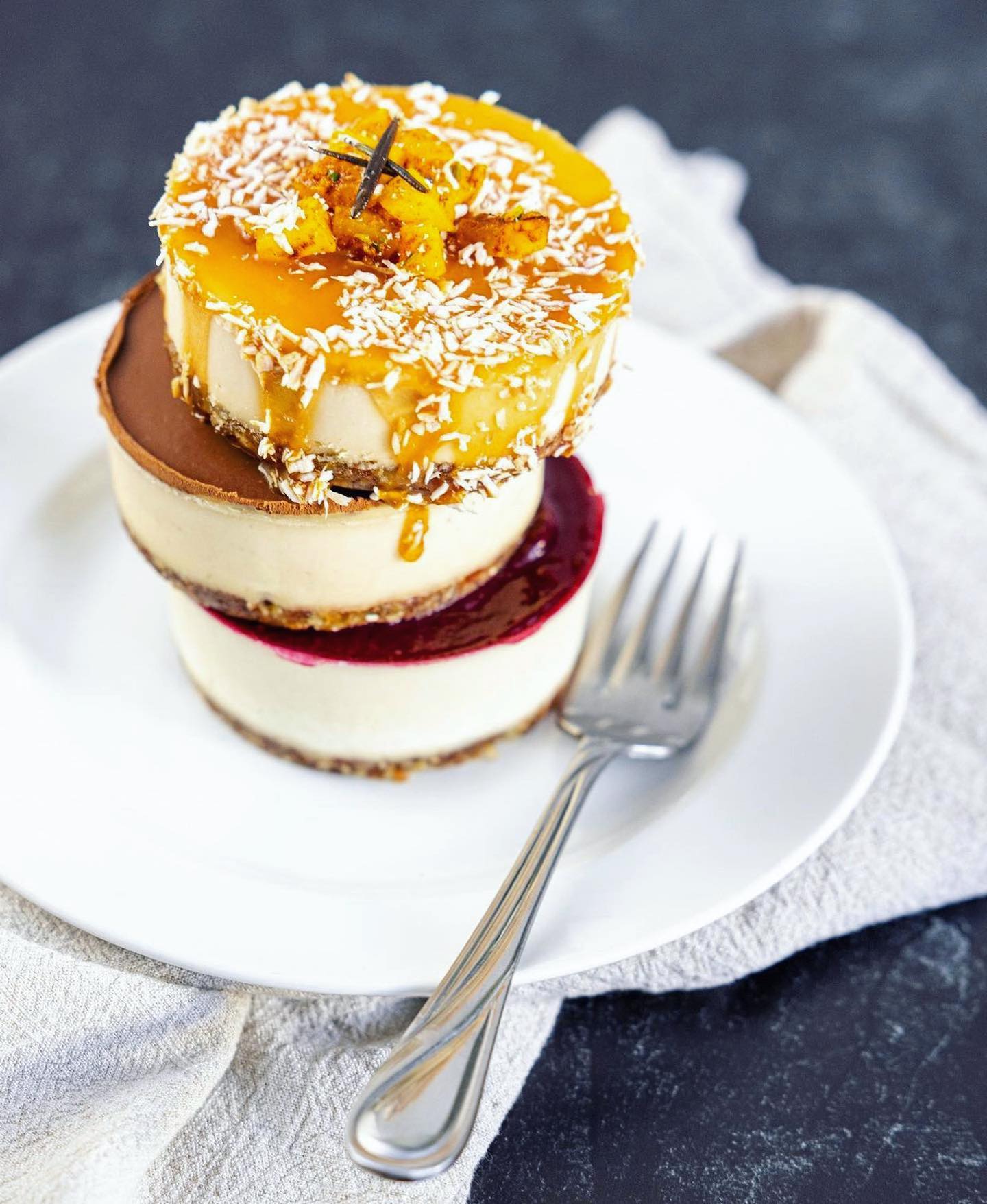 Stack of delicious organic cheesecakes